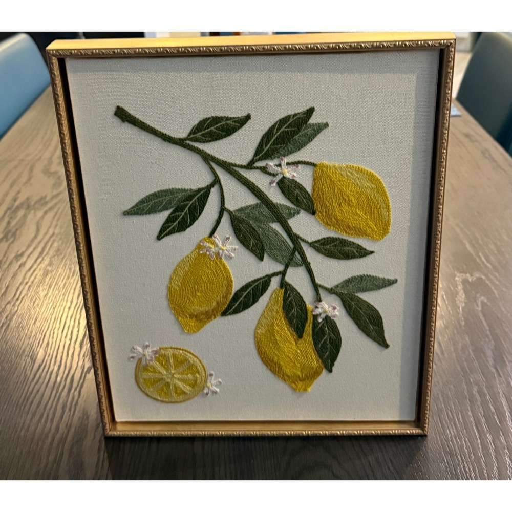 BP Home Framed Lemon Branch Embroidery Crewel botanicalWall Art Gold Frame 14"
